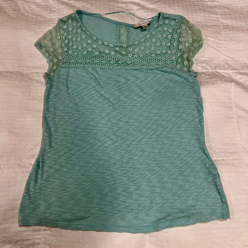 LC Lauren Conrad Lace Detail Blouse Women's Top Teal Floral